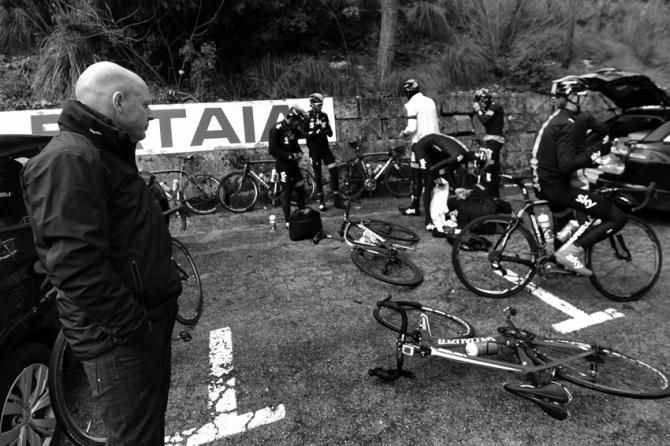 Dave Brailsford watches on as his team take a break from training