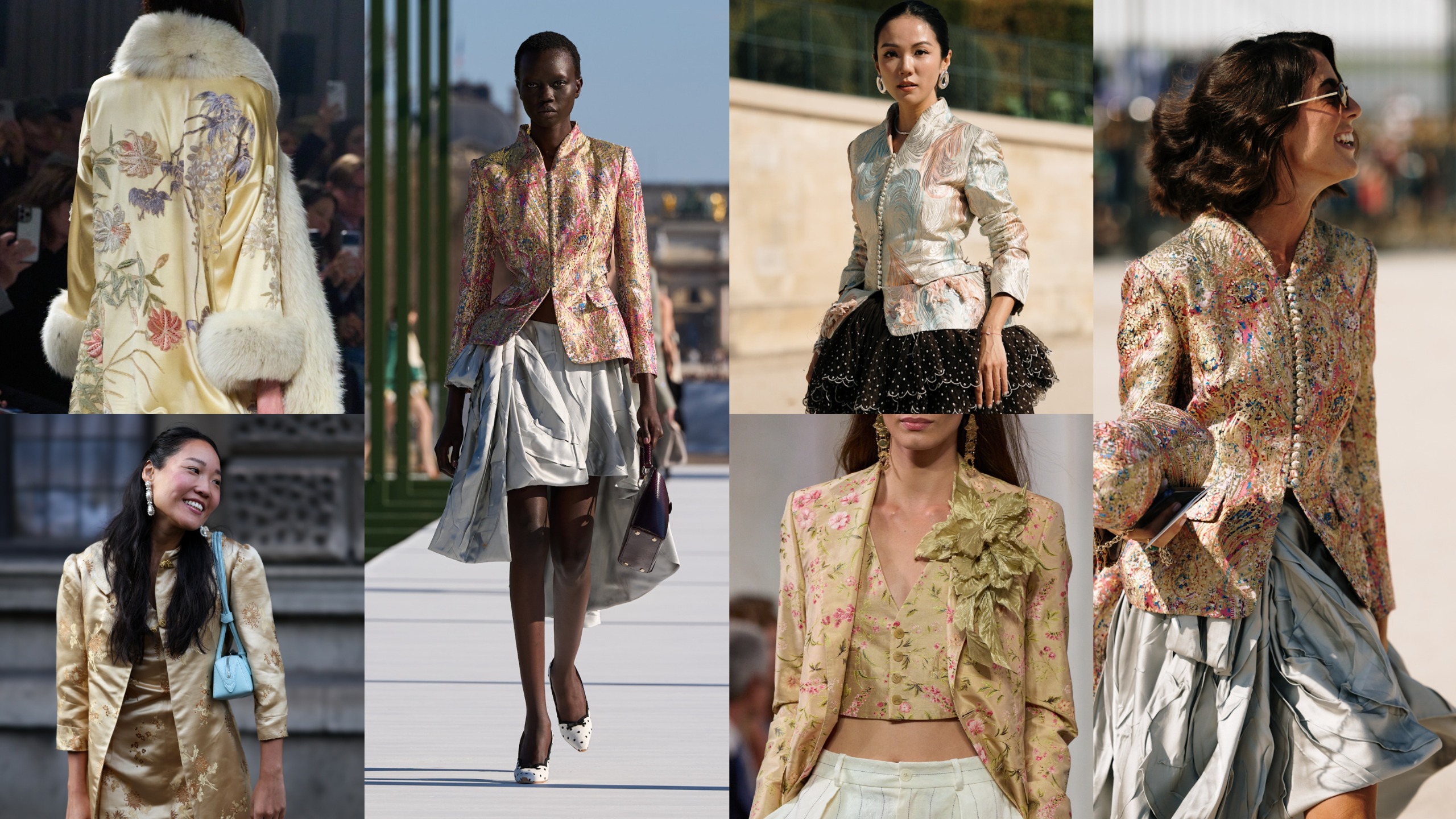 collage of brocade jacket trend 