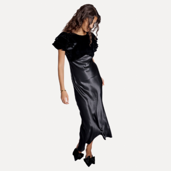 Black Velvet &amp;amp; Satin Mix Lola Midi Dress