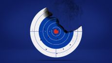 Illustration of a shooting target in the colours of the Russian flag, partially burnt and marked with bullet holes