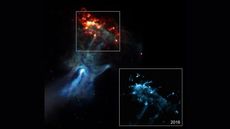  NASA's Chandra X-ray Observatory captured this imagery of a huge, hand-shaped feature, which was spawned by a supernova explosion and its aftermath in a patch of space about 17,000 light-years from Earth. 