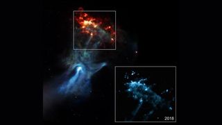  NASA's Chandra X-ray Observatory captured this imagery of a huge, hand-shaped feature, which was spawned by a supernova explosion and its aftermath in a patch of space about 17,000 light-years from Earth. 