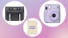 a collage image of three of the best Christmas gifts, including a camera, notebook and an air fryer, against a purple background