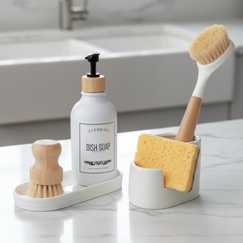 3 in 1 Ceramic Sponge&amp;amp;brush Holder and Soap Tray Set, Leak-Proof Design to Keep Countertops Dry, Flexible Modular Placement, Modern Minimal Sink Organizer for Kitchen &amp;amp; Bathroom Countertop, White