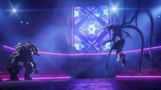 Screenshot from the animated tv series Love, Death & Robots. This still if from the episode Sonnie's Edge. Here we see two beasts fighting in an arena.