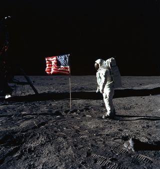 Buzz Aldrin and Flag During First Moon Landing