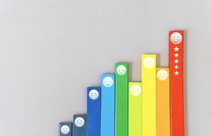 Multi-colored wooden sticks with faces on the tops to represent ratings. The tallest stick is red with a smiley face and five stars