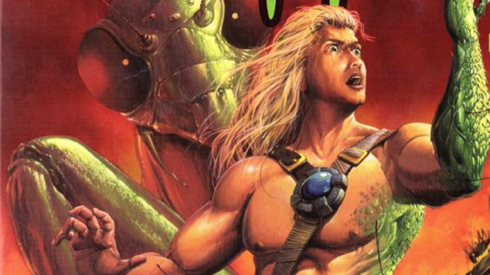 Section of cover art for Entomorph, showing a barbarian conan type guy turning into a bug with a bug visible behind him.