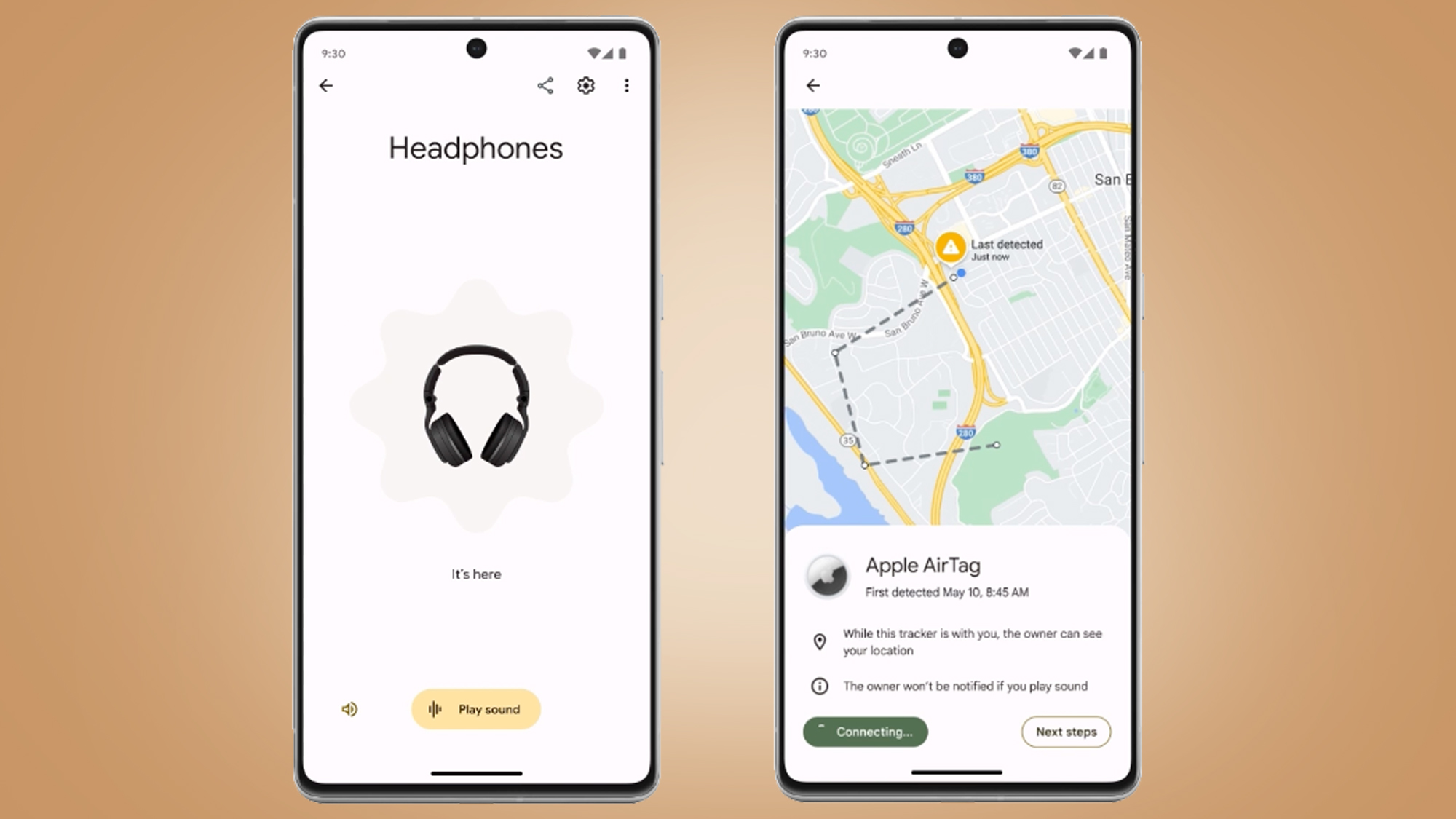 Deux téléphones Android sur un fond beige montrant la fonctionnalité Find My Device en train de suivre un objet