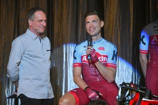 Tony Martin on stage at the Katusha-Alpecin presentation