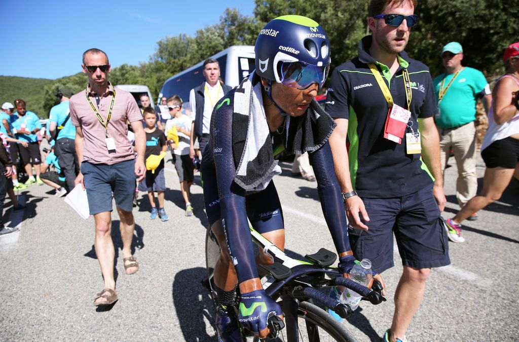 Nairo Quintana (Movistar) rides back to the team bus