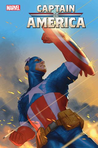 The cover for Captain America #16 (2024) with Steve Rogers raising his shield to the sky.