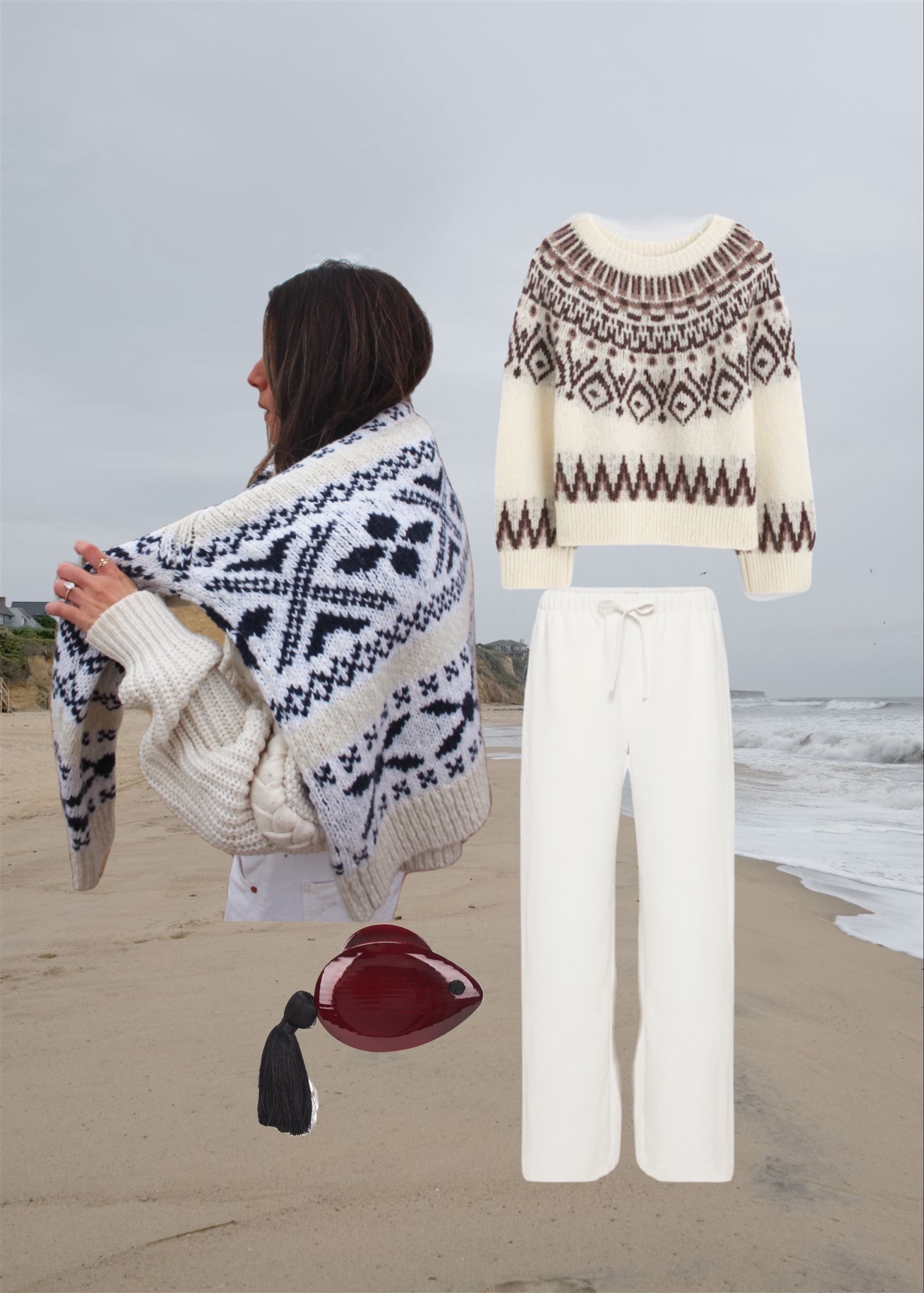Jessica Habich Thomas wearing a fair isle sweater with white pants