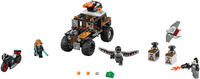 Crossbones' escape truck features big wheels, a removable roof with two stud shooters and handlebars for a Minifigure to hold, rear storage space with explode function, a storage container, toxic case element, plus Crossbones decoration