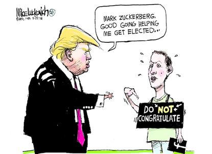 Political cartoon U.S. Trump congratulations Mark Zuckerberg Facebook data Cambridge Analytica 2016 elections