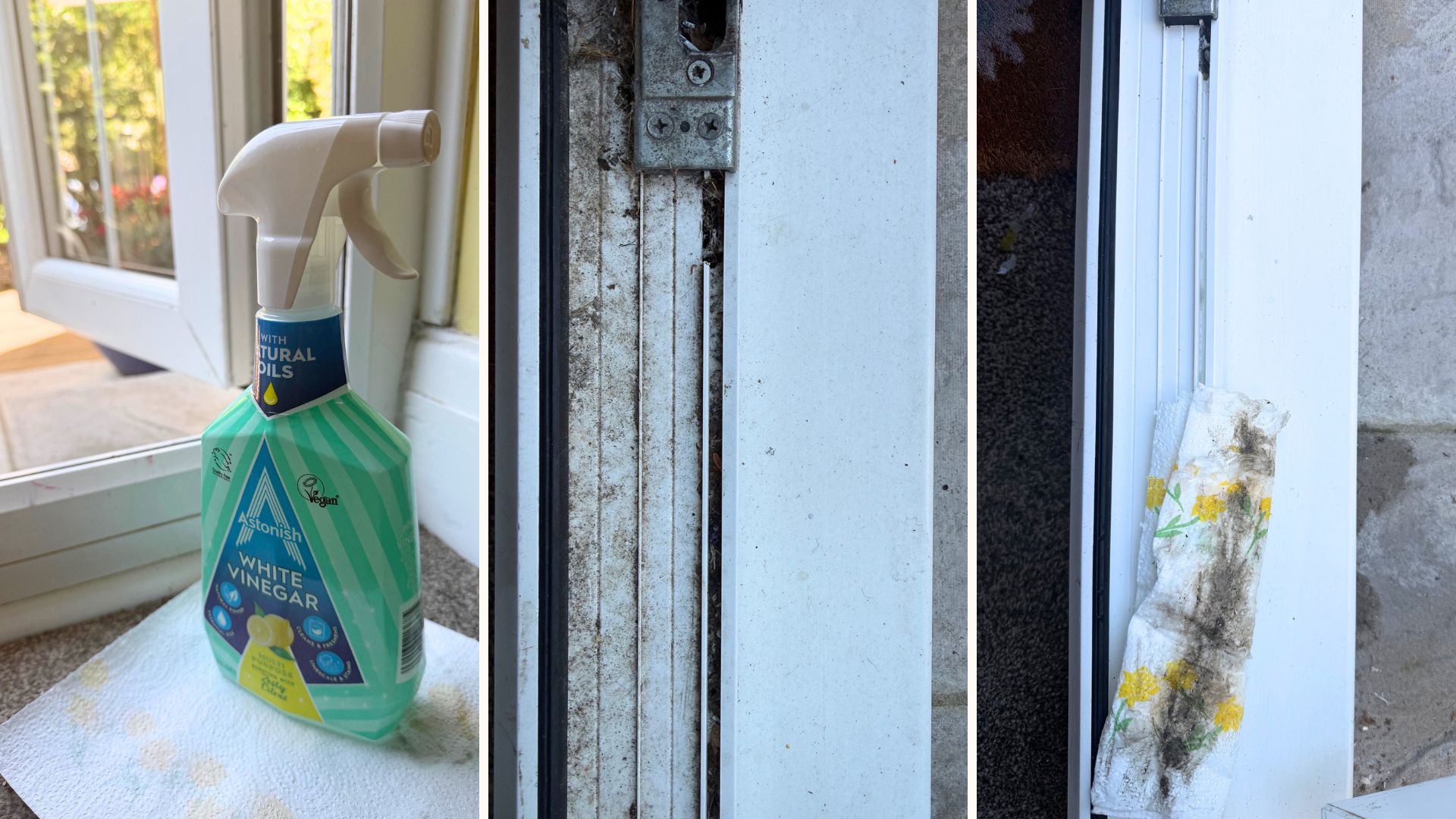 Split image of the three stages of cleaning window tracks with white vinegar and kitchen towel, before and after