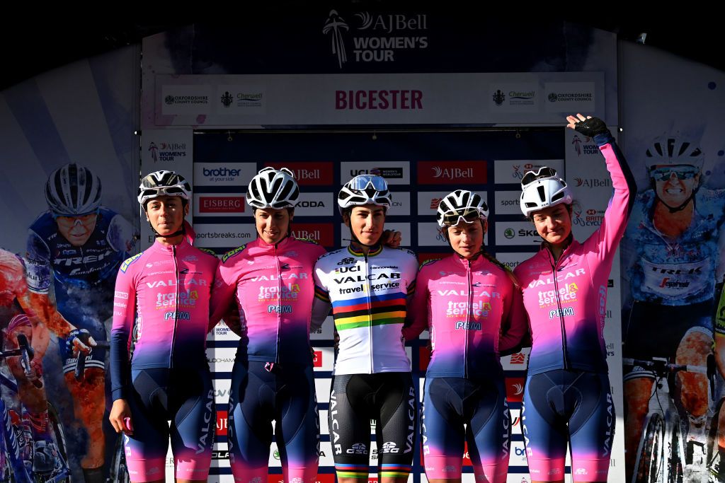 BANBURY ENGLAND OCTOBER 04 Elisa Balsamo of Italy world champion jersey Martina Alzini of Italy Elena Pirrone of Italy Silvia Pollicini of Italy Margaux Vigie of France and Team Valcar Travel Service during the team presentation prior to the 7th The Womens Tour 2021 Stage 1 a 1477km stage from Bicester to Banbury thewomenstour UCIWWT on October 04 2021 in Banbury England Photo by Justin SetterfieldGetty Images
