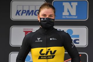 WEVELGEM BELGIUM MARCH 28 Podium Lotte Kopecky of Belgium and Team Liv Racing Celebration during the 10th GentWevelgem In Flanders Fields 2021 Womens Elite a 1417km race from Ypres to Wevelgem Mask Covid Safety Measures GWE21 GWEWomen FlandersClassic UCIWWT on March 28 2021 in Wevelgem Belgium Photo by Luc ClaessenGetty Images