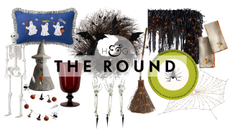 90s-inspired Halloween Decor, including a life-sized skeleton, ceramic light-up witch, handmade throw pillow, garnet goblet, felt garland, gothic wreath, solar stakes, rattan witch broom, and more.