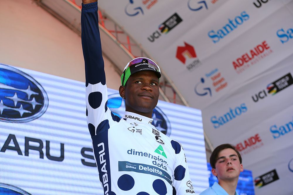 Nicholas Dlamini in polka dots after stage 1 at the Tour Down Under