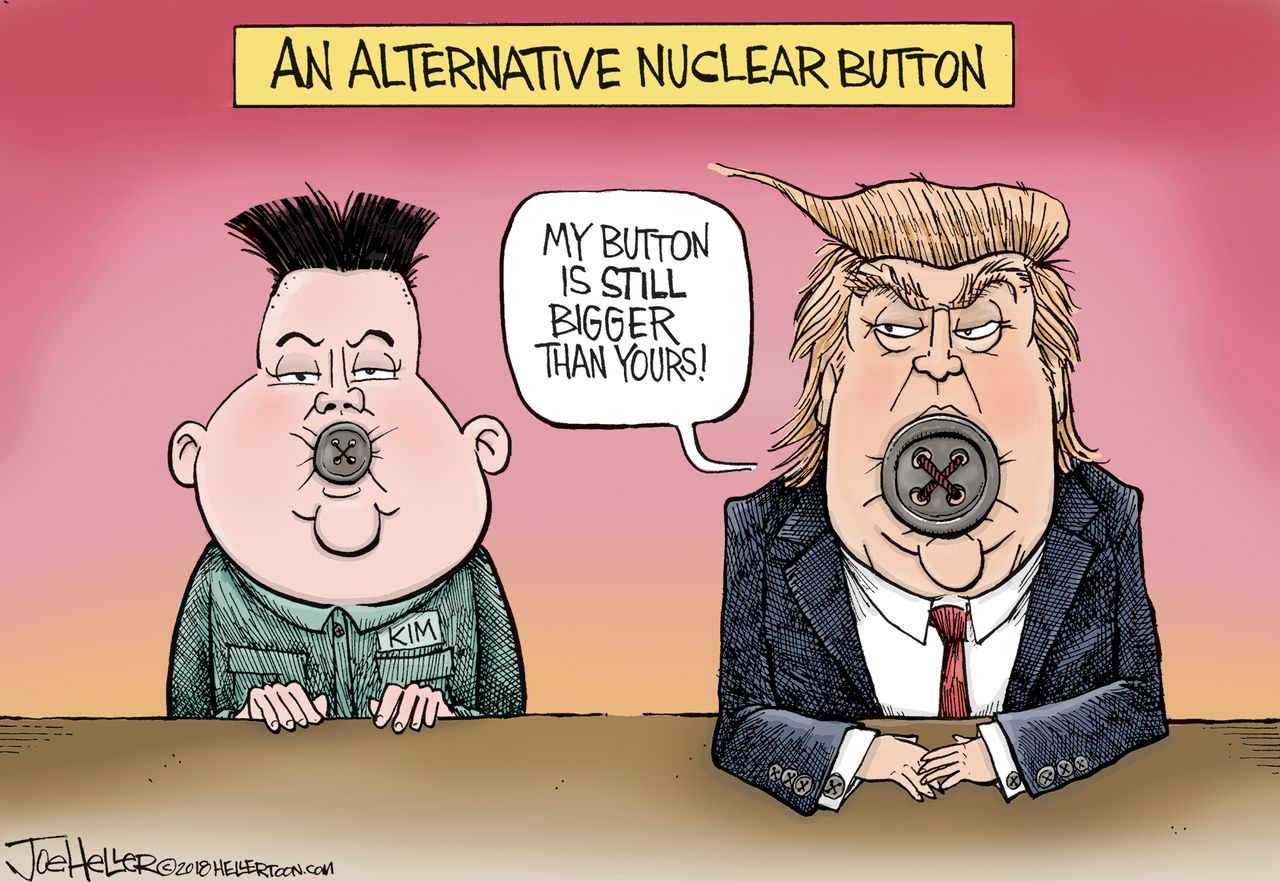 Political cartoon U.S. Trump North Korea nuclear weapons bigger button