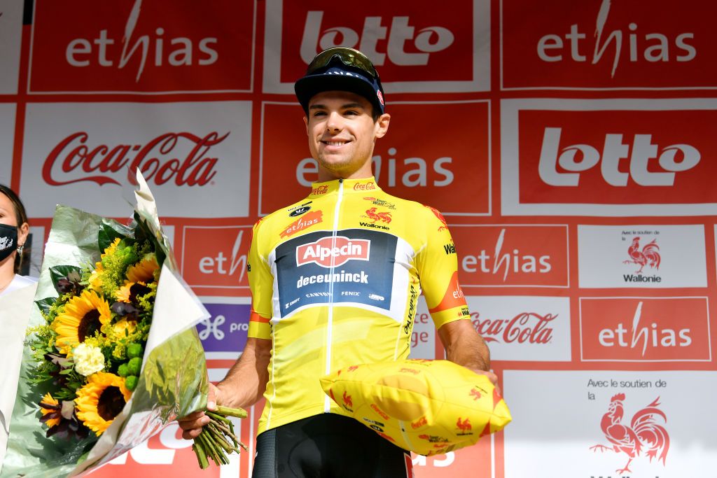 CHAPELLELEZHERLAIMONT BELGIUM JULY 27 Robert Stannard of Australia and Team AlpecinDeceuninck celebrates winning the Yellow Points Jersey on the podium ceremony after the 43rd Ethias Tour de Wallonie 2022 Stage 5 a 2148km stage from Le Roeulx to ChapellelezHerlaimont ethiastourdewallonie22 on July 27 2022 in ChapellelezHerlaimont Belgium Photo by Luc ClaessenGetty Images