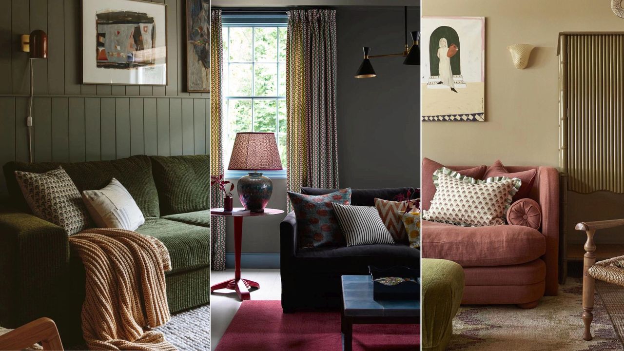 Three fall-ready couches in moody, earthy living rooms