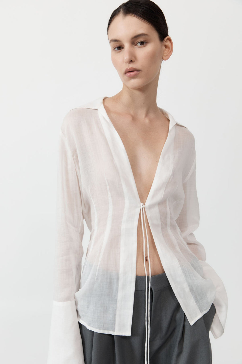 Sheer Linen Tie Top - White