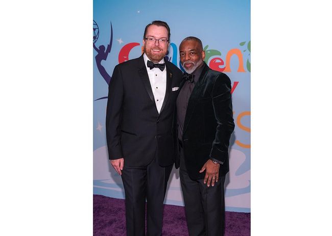 Adam Sharp (l.), president and CEO of NATAS, and Lifetime Achievement honoree LeVar Burton at the inaugural Children&rsquo;s &amp; Family Emmy Awards at the Wilshire Ebell Theatre in Los Angeles.