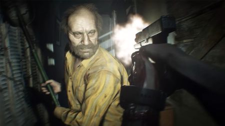 Resident Evil 7 screenshot in first-person of a gun being aimed and fired at Jack Baker as he raises a metal weapon at the player