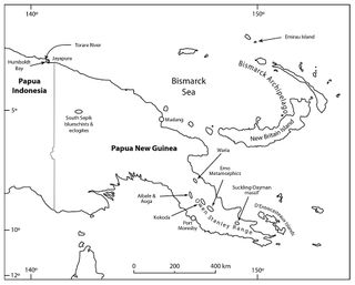 Map of the area around eastern New Guinea showing the location of Emirau Island, where the jade artifact was found, and Torare River, the possible source of the rock.