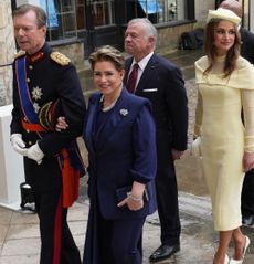 Grand Duke Henri of Luxembourg, Maria Teresa, Grand Duchess of Luxembourg, Abdullah II of Jordan, Queen Rania of Jordan, Letsie III of Lesotho, 'Masenate Mohato Seeiso, Alois, Hereditary Prince of Liechtenstein, and Sophie, Hereditary Princess of Liechtenstein arrive ahead of the Coronation of King Charles III and Queen Camilla on May 6, 2023