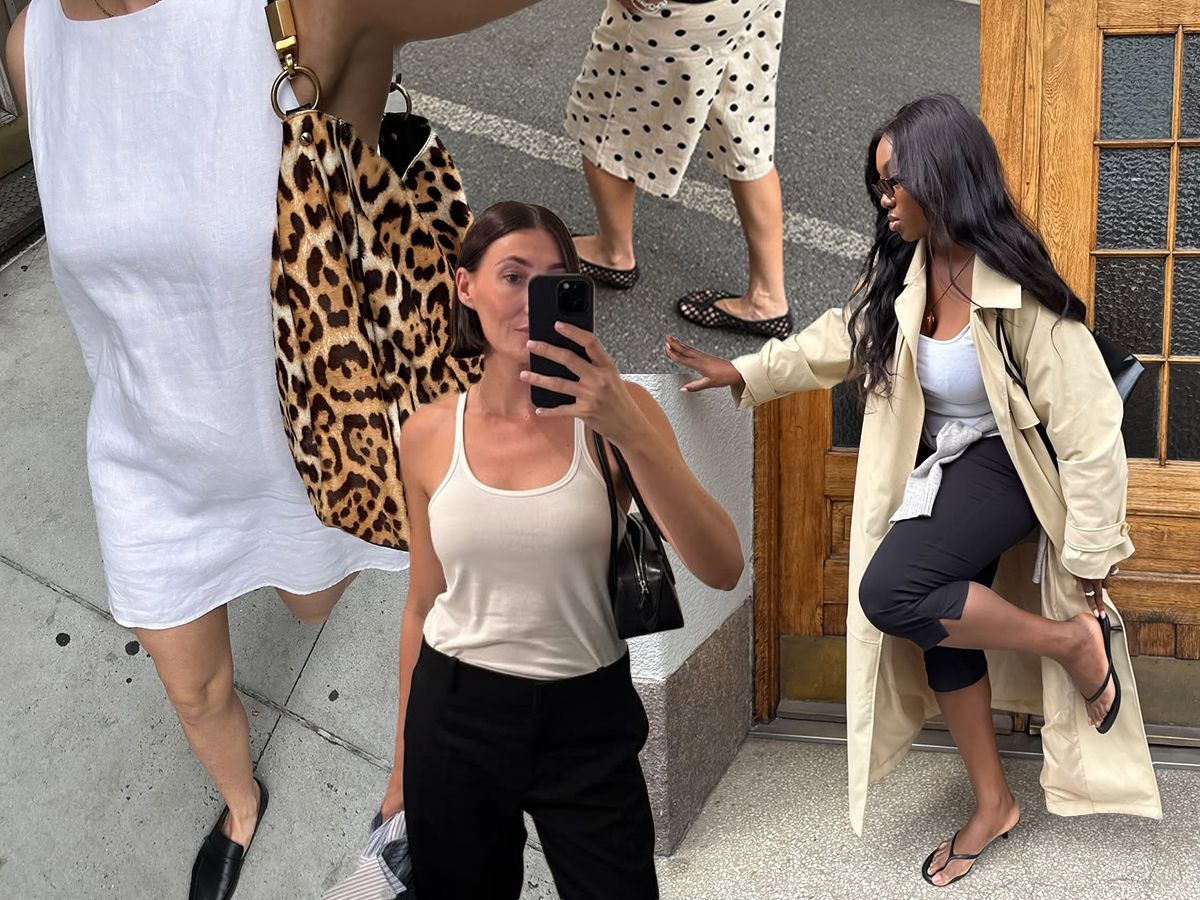 Influencer Anna wears a white linen shift dress with loafers and a cheetah print bag. Influencer Sarah Louise Blythe wears a cropped black pant, flip-flops, and a white scoop neck top. Influencer Poppy wears polka dot long shorts with a black crewneck top, a woven bag, and mesh ballet flats. Influencer Nnenna wears black capri pants with a white tank, trench coat, and flip-flop heels.