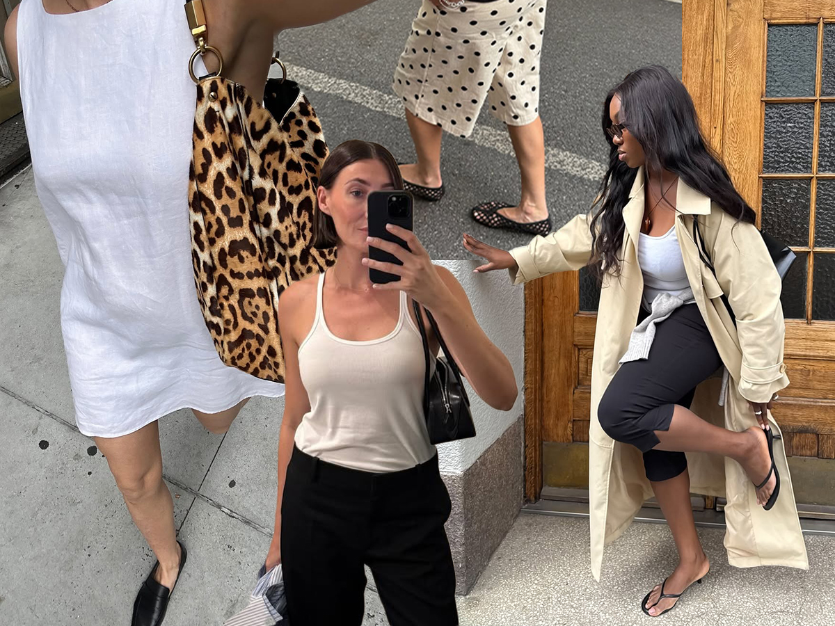 Influencer Anna wears a white linen shift dress with loafers and a cheetah print bag. Influencer Sarah Louise Blythe wears a cropped black pant, flip-flops, and a white scoop neck top. Influencer Poppy wears polka dot long shorts with a black crewneck top, a woven bag, and mesh ballet flats. Influencer Nnenna wears black capri pants with a white tank, trench coat, and flip-flop heels.