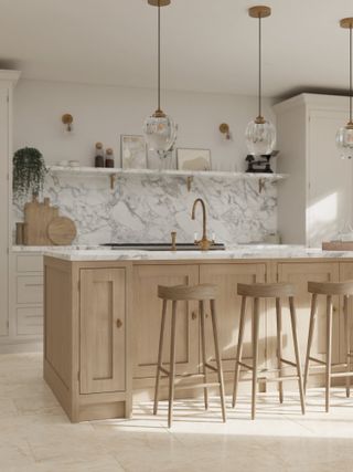 An ash wooden kitchen with white veined marble backsplashes and a kitchen island