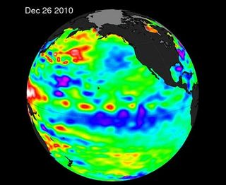 A satellite image reveals cooler ocean waters near the equator in the Pacific.