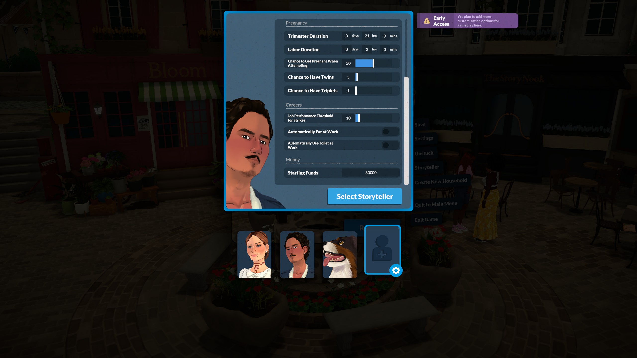 Paralives custom storyteller menu showing options for household starting funds, pregnancy durations, and more.