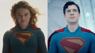 Kara Zor-El (Milly Alcock) smiles in Supergirl, while Ka-El (David Corenswet) looks concerned in Superman.