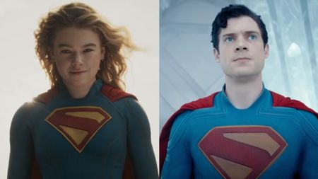 Kara Zor-El (Milly Alcock) smiles in Supergirl, while Ka-El (David Corenswet) looks concerned in Superman.