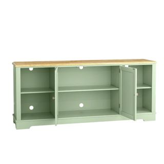 A green TV stand with storage cupboards