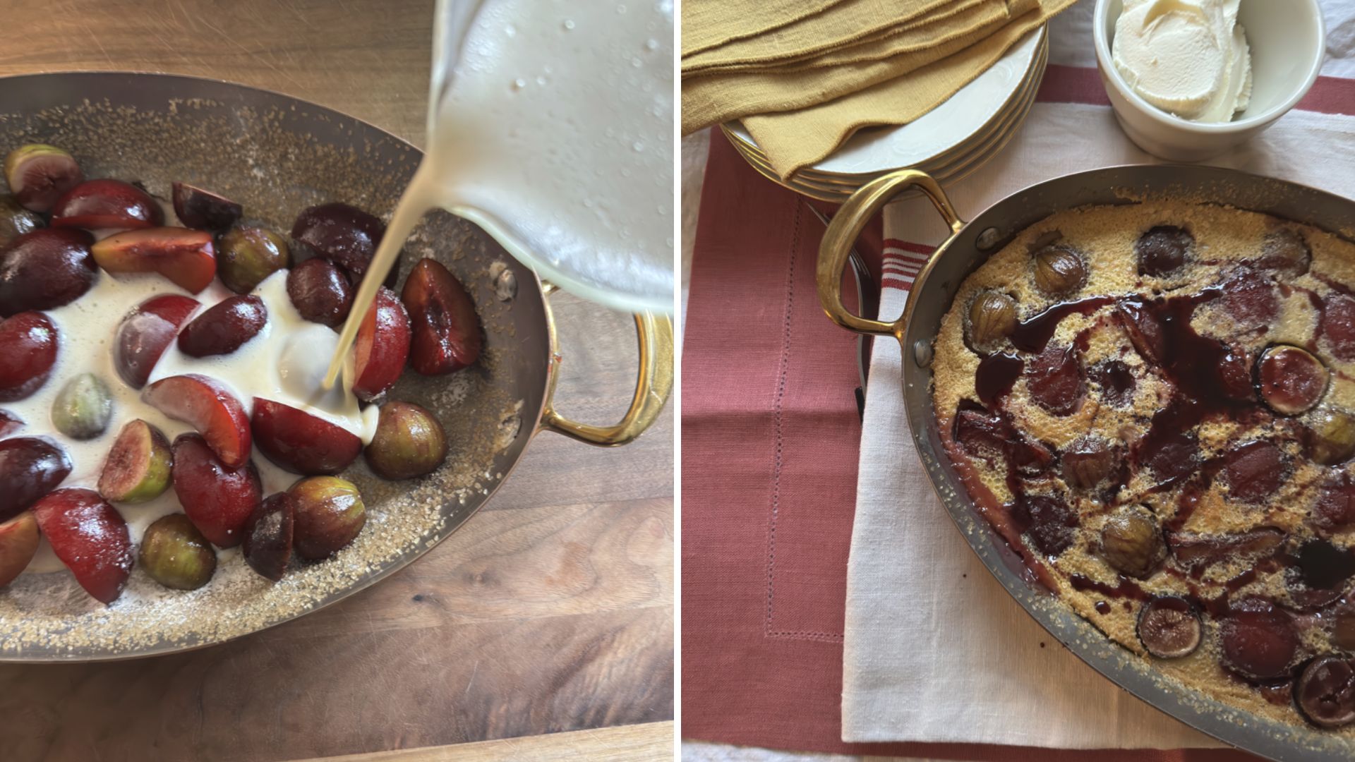 chopped plums in a pan with a jug pouring batter over the top (left); Plum clafouti on a table with dish of cream, plates and napkins (right)