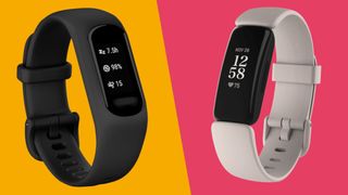 Garmin Vivosmart 5 and Fitbit Inspire 2 on yellow and pink background