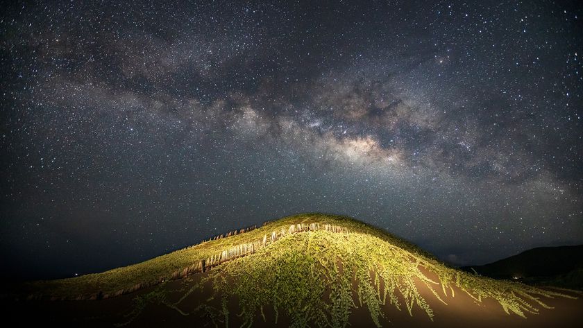 A wide-angle, long-exposure photograph captures the brilliant arch of the Milky Way galaxy stretching across a dark night sky, above a low, grass-covered hill that is illuminated from below, highlighting its textured surface and trailing vines.