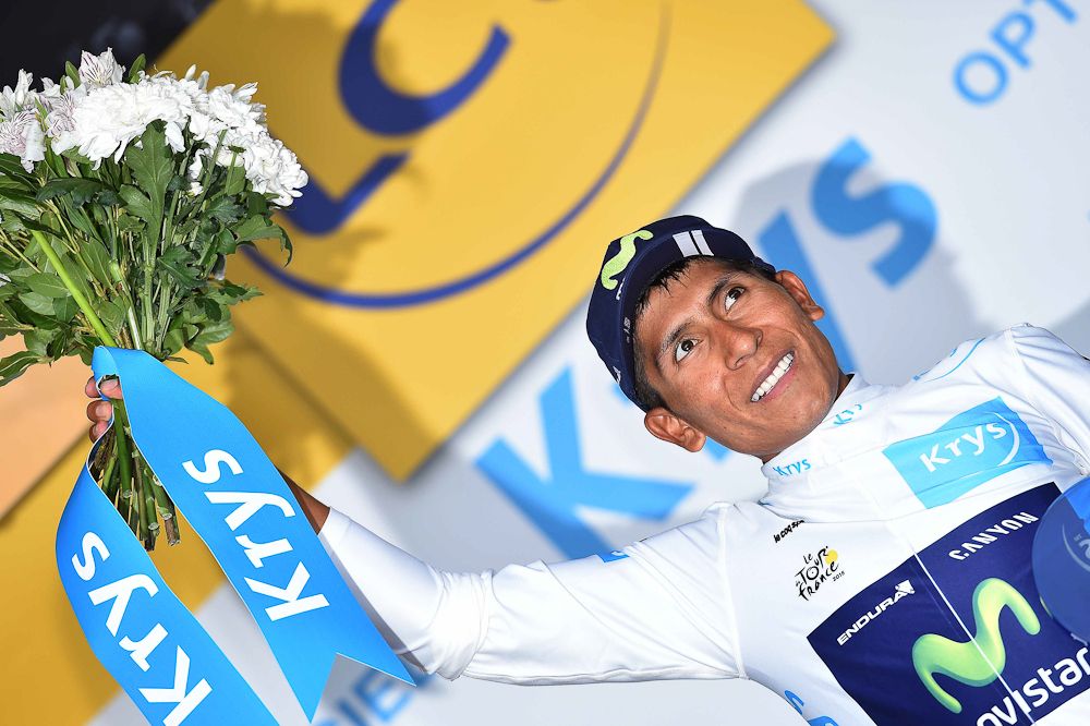 Nairo Quintana in the white jersey of the Tour's best young rider.