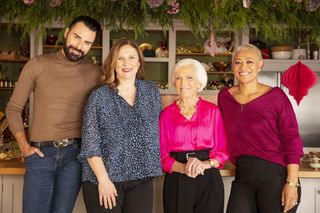 a still of Mary Berry joined by chefs Angela Hartnett, Monica Galetti and presenter Rylan Clark
