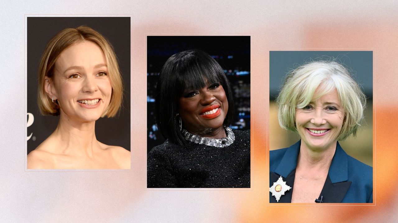 photos of carey mulligan, viola davis, and emma thompson with short rounded mushroom bob haircuts