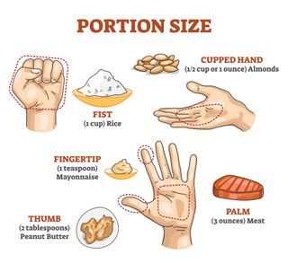 a collage showing the recommended portion sizes for food to lose belly fat