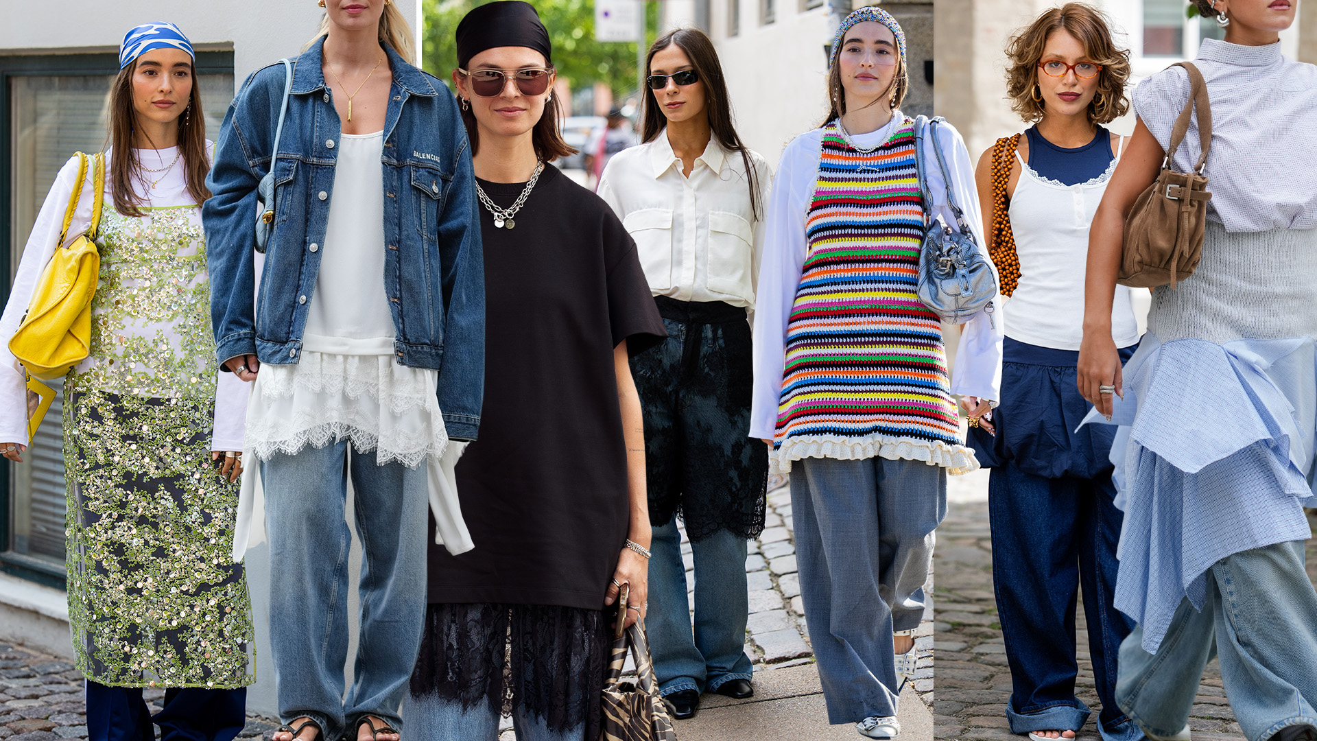 Collage of Scandi women wearing skirts and dresses over jeans at Copenhagen Fashion Week.