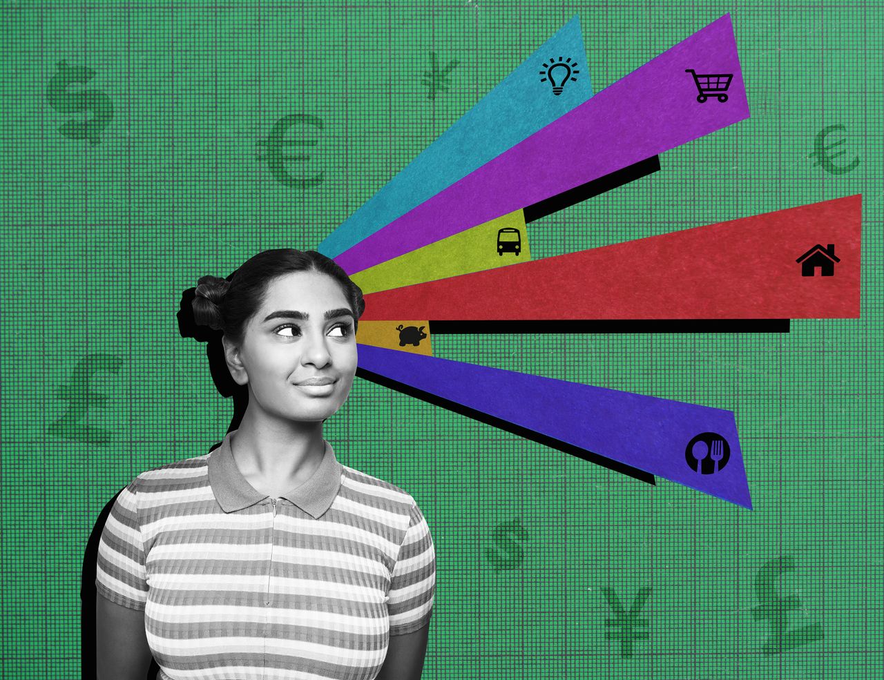 Collage of financial banking symbols with portrait of young woman