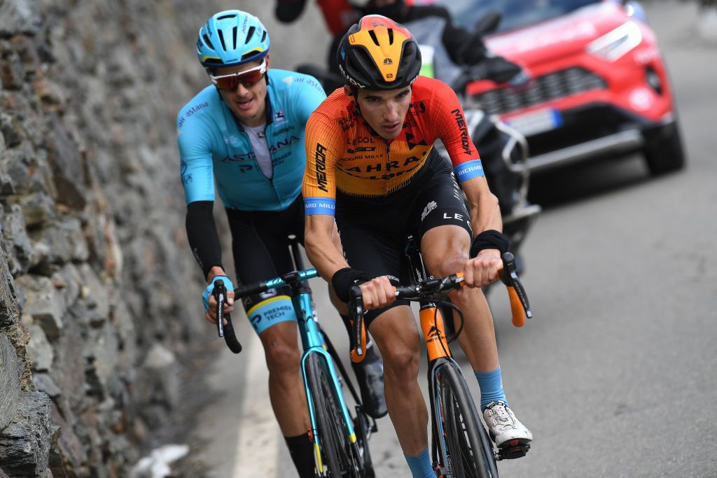 LAGHI DI CANCANO ITALY OCTOBER 22 Jakob Fuglsang of Denmark and Astana Pro Team Pello Bilbao of Spain and Team Bahrain Mclaren during the 103rd Giro dItalia 2020 Stage 18 a 207km stage from Pinzolo to Laghi di Cancano Parco Nazionale dello Stelvio 1945m girodiitalia Giro on October 22 2020 in Laghi di Cancano Italy Photo by Tim de WaeleGetty Images